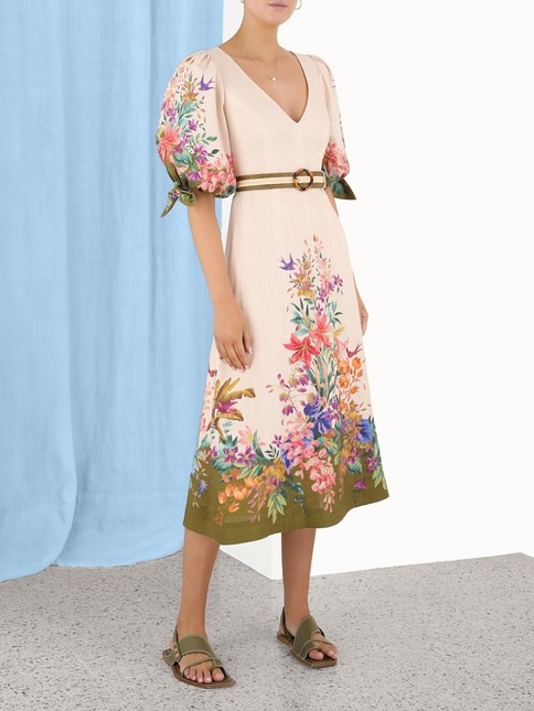 Nwt Zimmermann Tropicana Tie-Sleeve Linen Midi Dress